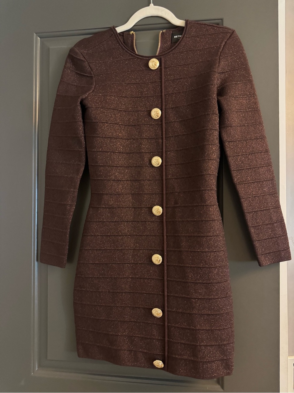 Retrofete Brown Long-Sleeve Gold-Button Knit Dress
